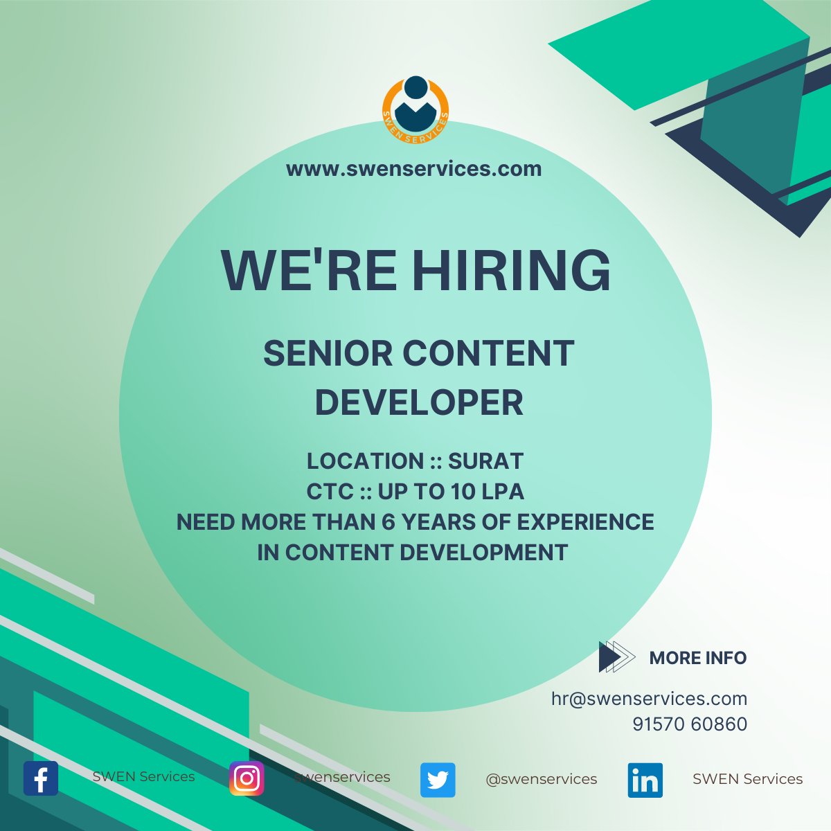 #hiringalert #contentdeveloper #swenservices
Hey there, do you have experience in content writing?
Here we have opening for Senior content developer position.
Location :: Surat (Onsite - No work from home)
Need more than 6 years of experience
CTC :: Up to 10 LPA
#contentwriter