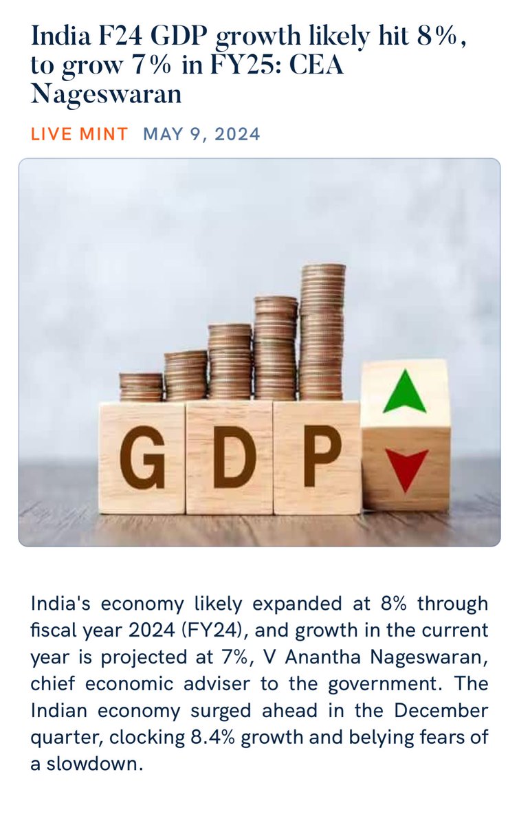 India F24 GDP growth likely hit 8%, to grow 7% in FY25: CEA Nageswaran..
#ModiHaiTohMumkinHai 
livemint.com/economy/india-…
NaMo App
