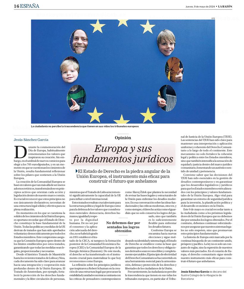 Hoy #DiadeEuropa comparto Tribuna que me publica el Diario @larazon_es sobre Europa y sus fundamentos jurídicos “El Estado de Derecho es la piedra angular de la Unión Europea, el instrumento más eficaz para construir el futuro que anhelamos” larazon.es/espana/europa-…