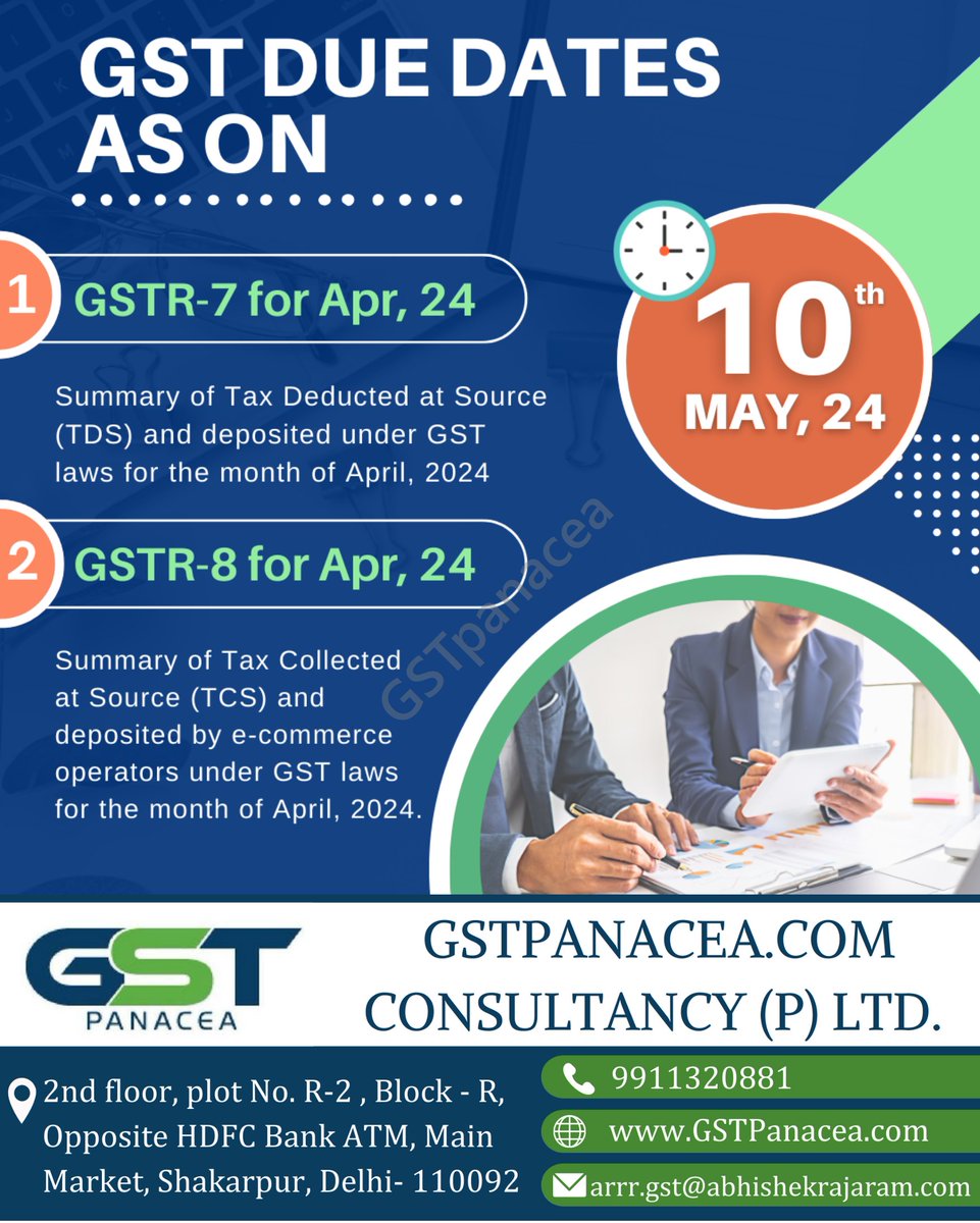 Due Date Reminder 
GST Due Dates As on 
GSTR-7 for Apr,24
GSTR-8 for Apr,24

 #GSTReminder #TaxFiling #BusinessCompliance #GSTDueDates