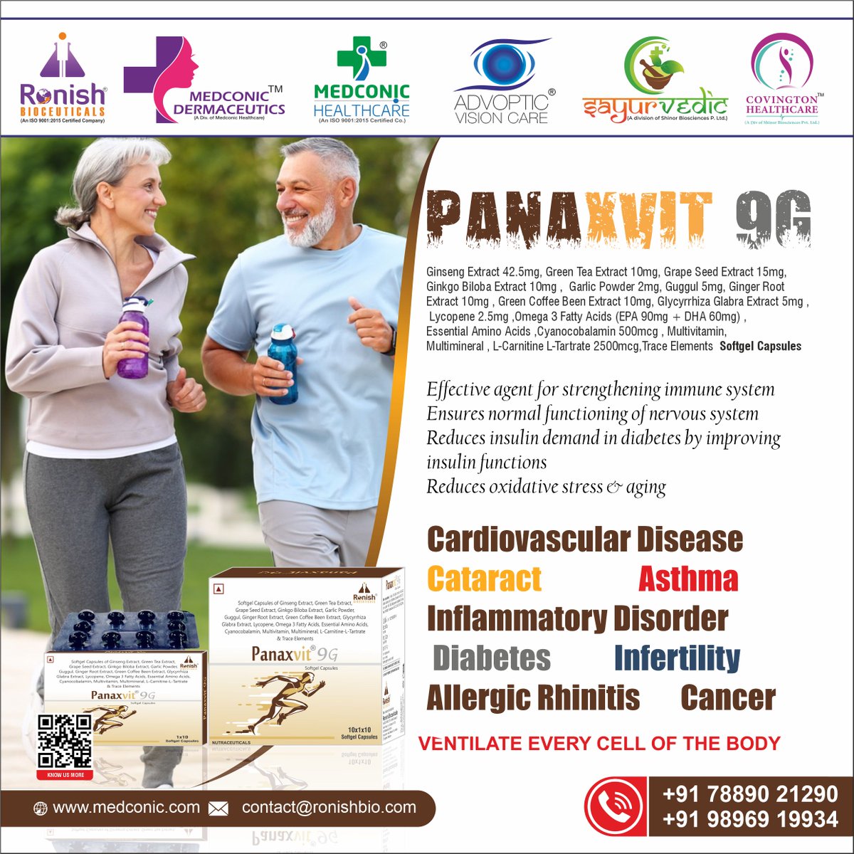 🌱 Introducing PANAXVIT-9G! 🌿

Our composition includes Biloba Extract, Garlic Powder, Guggul, Ginger Root Extract, Green Coffee Bean Extract, and more! 💊

#HealthIsWealth #WellnessJourney #NaturalSupplements #PCDPharmaFranchise #RonishBioceuticals #Panaxvit9G #HolisticHealth