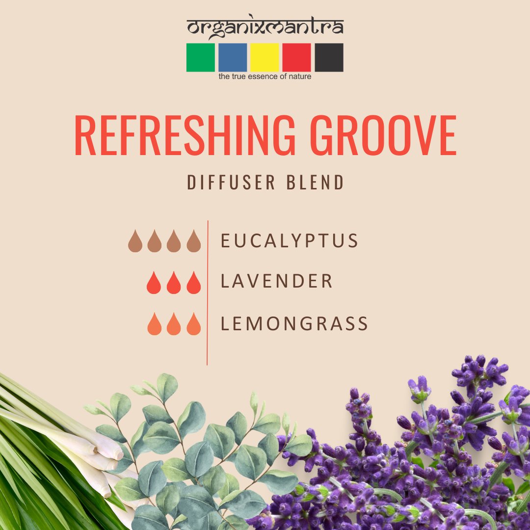 Dive into freshness with our 'Refreshing Grove' diffuser blend—4 drops of Eucalyptus, 3 drops of Lavender, & 3 drops of Lemongrass. Experience the crisp, clean aroma of Eucalyptus that clears the mind, while Lavender soothes and Lemongrass revitalizes. #Wellness #OrganixMantra