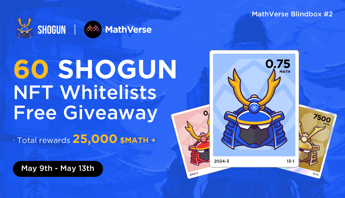 60 Shogun NFT WL Free Giveaway!
Total Reward: 25,000 $MATH+  

Task: 
💜Follow <a href="/MathVerseNFT/">MathVerse</a>  &amp; <a href="/MathWallet/">MathWallet</a> and @BaseShogun 
🔄RT &amp; @ 3 friends 
✅Complete
launchpad.collectify.app/#/participate?…

Powered by <a href="/Collectify_app/">Collectify</a>

#BASE #MATH #erc404 #memecoins