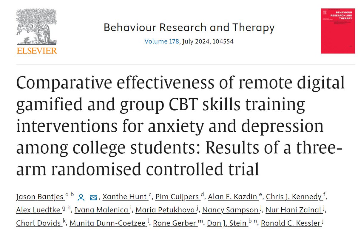Our recently published RCT shows how online group CBT and a gamified CBT apps can effectively reduce symptoms of depression and anxiety among university students. @MRCza @pimcuijpers @xanthehunt @SUhealthsci @SuperBetter