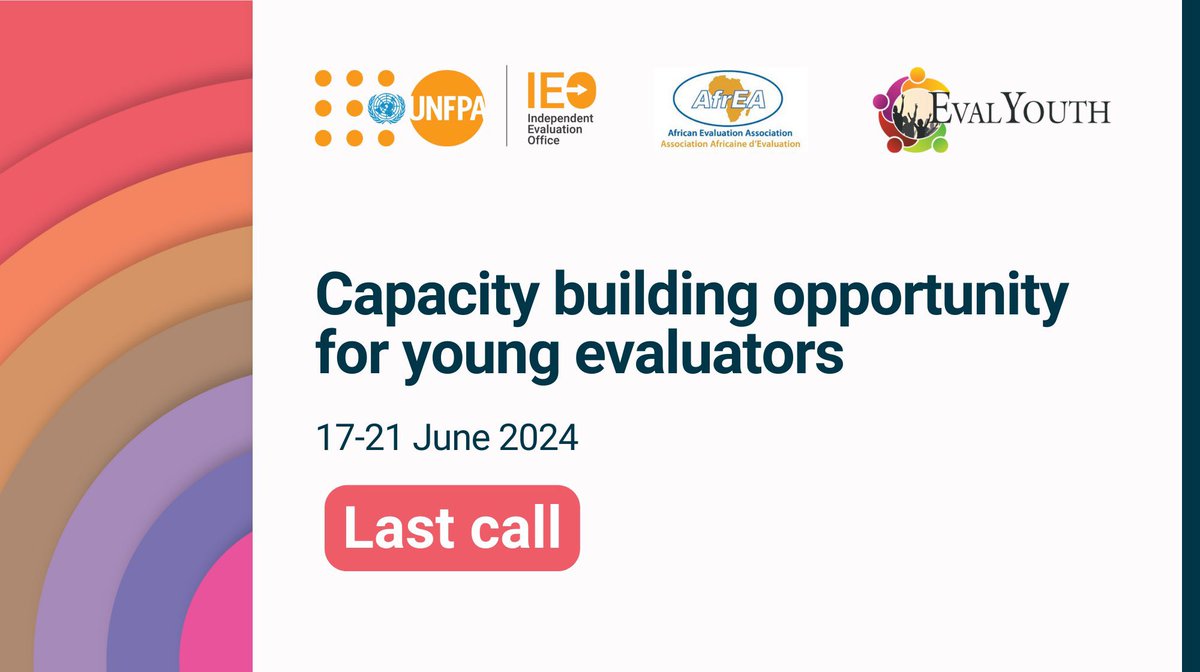 📢 Last call!

The deadline to apply for a 5-day evaluation capacity building workshop in Nairobi is tomorrow!

If you are a young African evaluator in Kenya, don't miss out 👉 unfpa.org/updates/capaci…
#Eval4Action