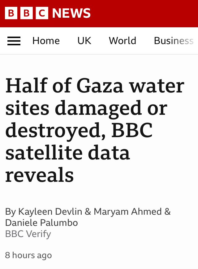 Destruction of conditions of life. Genocidal policy. 100s of water/sanitation facilities damaged/destroyed by Israel. 4/6 wastewater treatment plants (preventing build-up of sewage and spread of disease) damaged/destroyed. Remaining 2 shut down, no fuel. Repair works prevented.