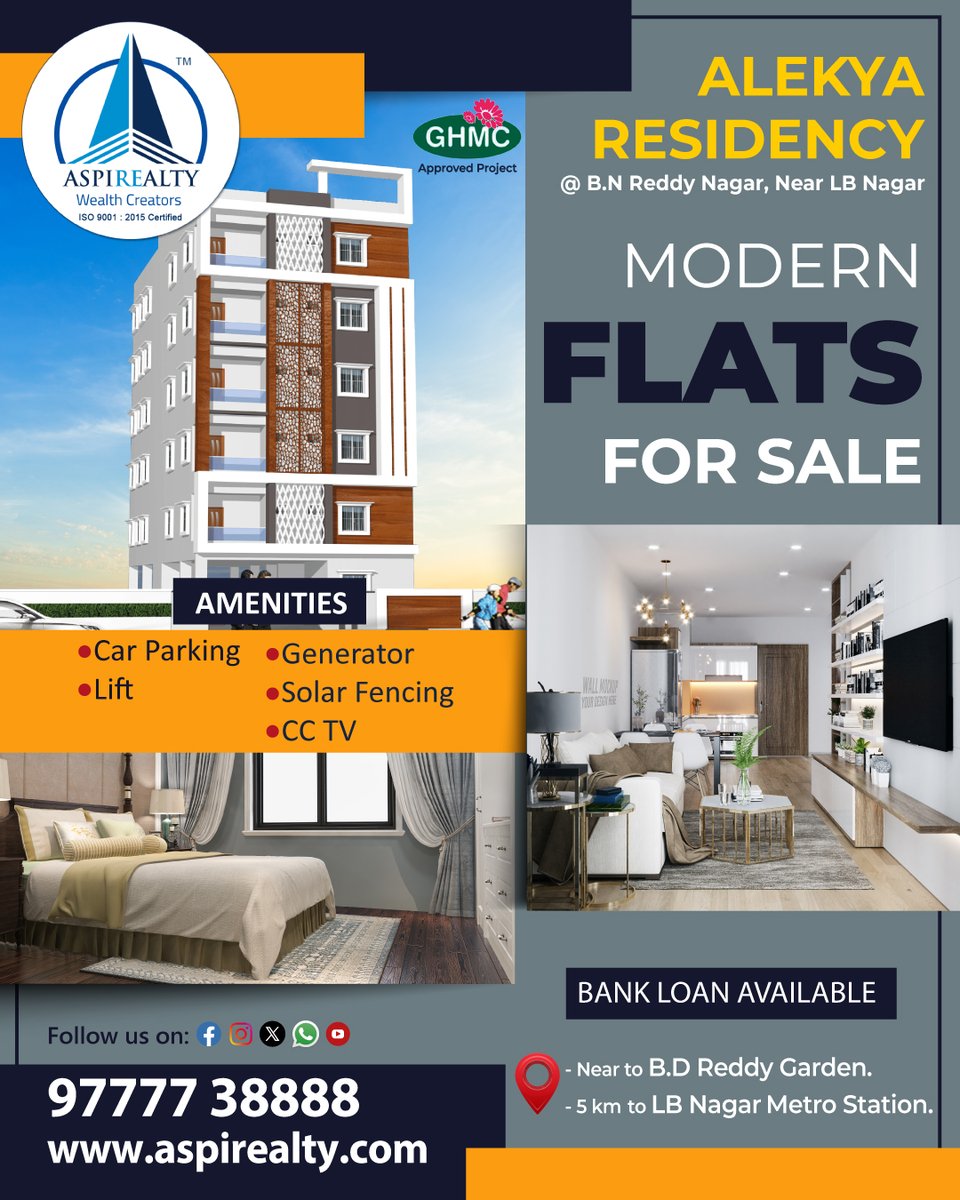 Modern Flats For Sale @ BN Reddy Nagar, Near LB Nagar.
aspirealty.com/flats-for-sale…
For more
aspirealty.com, info@aspirealty.com
.
#Aspirealty #WealthCreators #HMDA #Advaith #Amogh #Alekyaresidency #hayathnagar #lbnagar #bnreddy #2BHK #Flats #Apartment #luxuryapartments