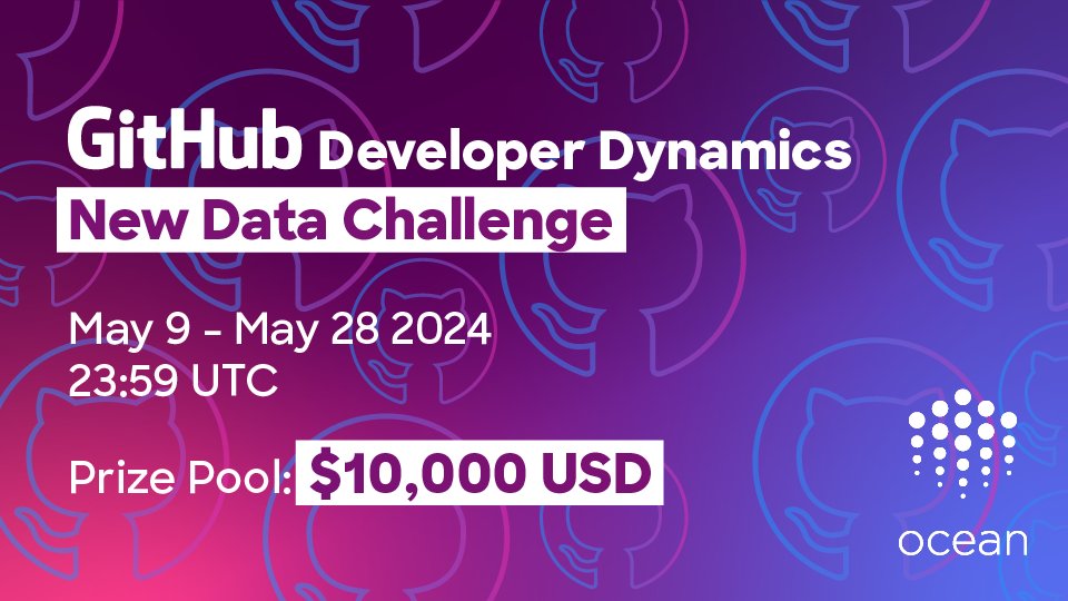 Data Wizards, it's on! 🚀 The 'GitHub Developer Dynamics' #DataChallenge starts today. Use #GitHub data to analyze developer interactions and their impact on project crypto tokens. #AI Compete for the $10K prize pool! 💰 🗓️ May 9 - May 28 Join here: bit.ly/3UFHRsS