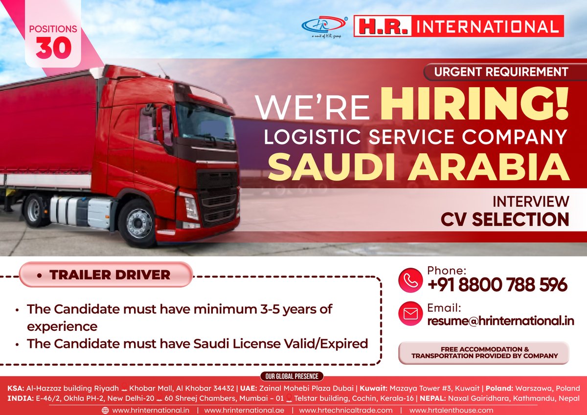 Urgent Opportunity Alert!📢 Join a logistics service company in Saudi Arabia as a Trailer Driver 🚚🌟 Contact us now for more details: 📞 Call or WhatsApp: +91 8800788596 📧 Email: resume@hrinternational.in #jobs #jobfair #jobalert #jobsearch #jobvacancy #jobseekers #driver