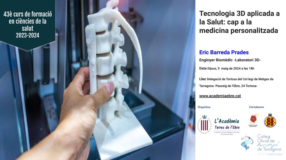 ACMTE's tweet photo. Tecnologia 3D aplicada a la Salut: cap a la medicina personalitzada

Eric Barreda Prades, enginyer Biomèdic del Laboratori 3D
🗓️️ Dijous, 9 maig 2024
⏰ 18h
📍Seu Col·legi de Metges de Tarragona (Tortosa, Pg de l'Ebre, 24)
♻️ Acadèmia de ciències mèdiques @comtgna https://t.co/sazl0wBUP1