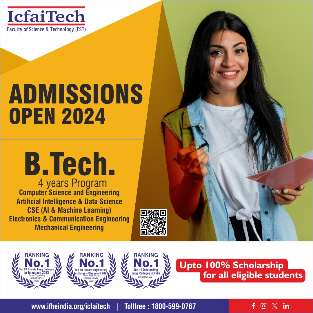 🚀 Exciting Announcement!
🎓 Admissions are now open for the 4-year B.Tech. program at ICFAI Tech Hyderabad! 
👉 Apply Now! ifheindia.org/icfaitech/Adm2…
📞 Toll-free: 1800-599-0767
#AdmissionsOpen #ICFAITechHyderabad #BTechPrograms #InnovationAndTechnology