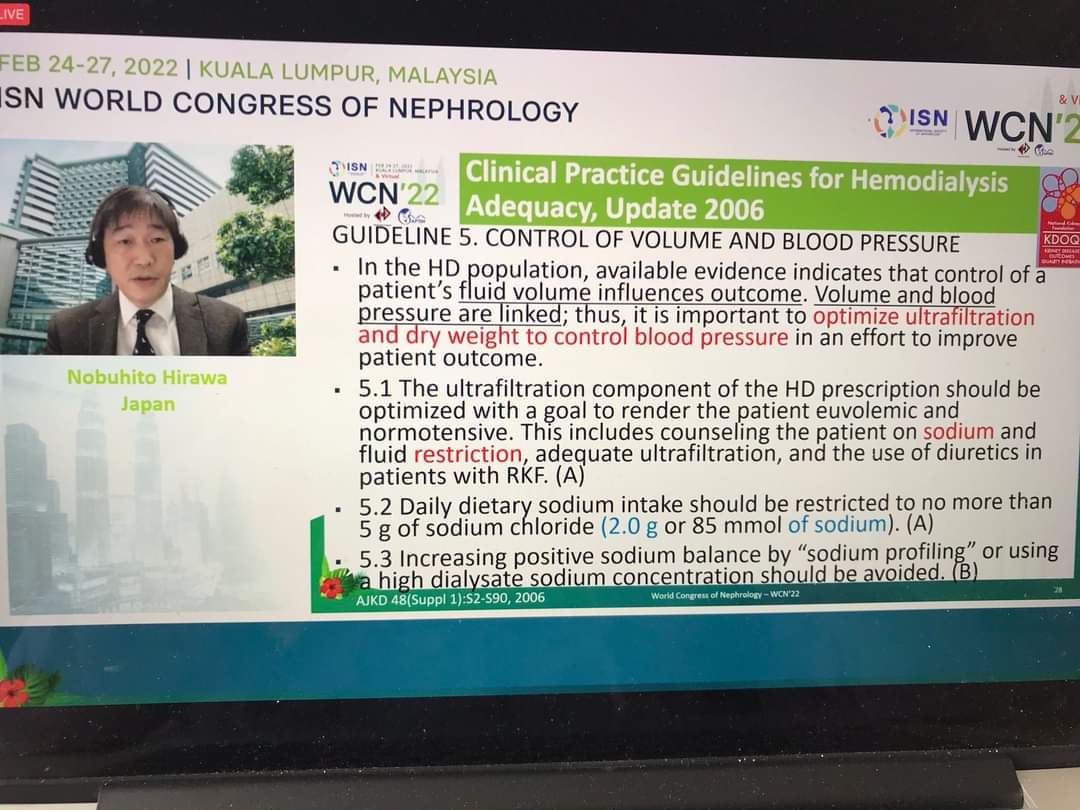 #dialysis #hypertension
Managing BP in patients on dialysis tough. Dr Nobuhito Hirawa, Japan says = Control needed for Volume and Blood Pressure..
1. It is important to optimise ultrafiltration and learn that dry weight must be derived to keep BP under control,