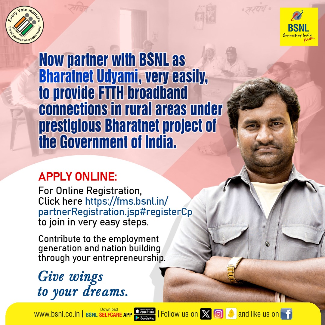 #EmpowerRuralConnectivity Join forces with #BSNL as a #BharatnetUdyami and contribute to the GoI's prestigious #BharatNetProject, making #FTTH broadband connections easily accessible in rural areas. To apply Click here: fms.bsnl.in/partnerRegistr…