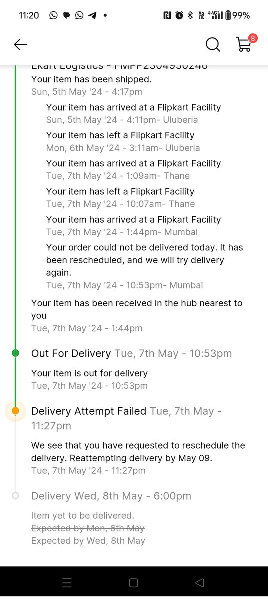 @flipkartsupport @Flipkart @ekartlogistics @Cybercellindia @MumbaiPolice @consumr_rights My Product from Flipkart (Order id: OD431175362066105100) not yet delivered since 5 May 2024. The delivery agent from ekart is mentioning that customer rescheduled it. Pls ensure delivery