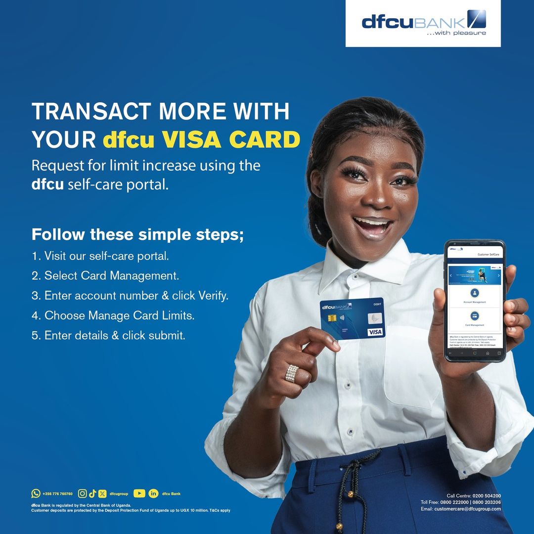 Ready to enhance your capabilities? 🚀✨ Request a limit increase effortlessly via the dfcu Self-Care Portal for your Visa Card! Seize control and unlock new opportunities. #dfcuVISACards