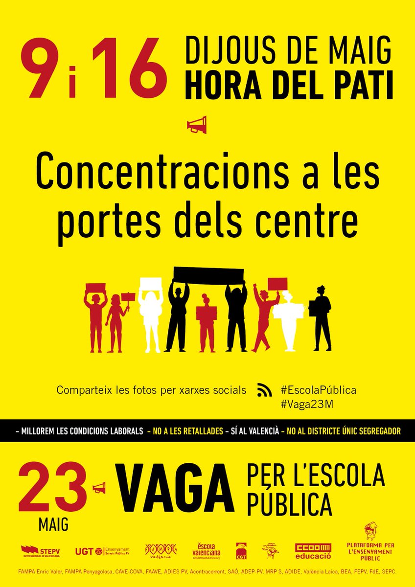 ✊🏽🔥 Concentracions a les portes dels centres!  

La Plataforma per l’Ensenyament Públic convoca les comunitats educatives a concentrar-se per defensar l’ensenyament públic.  

📆 9 i 16 de maig 
⏰ A l'hora del pati  

#EnsPlantemPelValencià #EscolaPública #Vaga23M