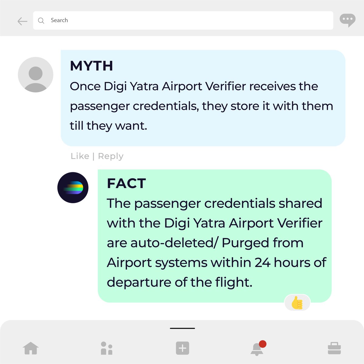 Separating myths from facts! 💡

Digi Yatra ensures the deletion of passenger credentials within 24 hours, prioritising data security and privacy.

Stay informed, stay secure!

Download the Digi Yatra App now!
Available on IOS and Android.
#DigiYatra #MythsVsFacts #DataSecurity