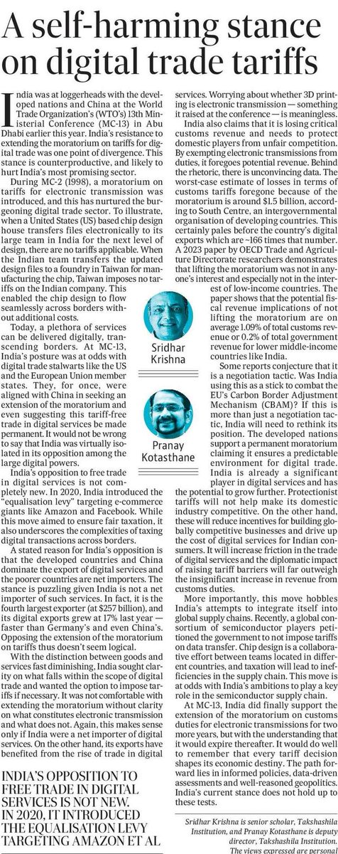 Pranay Kotasthane (@pranaykotas) on Twitter photo In today's <a href="/htTweets/">Hindustan Times</a>, <a href="/sridhar_kri/">Sridhar Krishna</a> & I argue that India's stance on digital trade at MC-13 doesn't make sense from an Indian national interest lens.
hindustantimes.com/opinion/a-self… In today's <a href="/htTweets/">Hindustan Times</a>, <a href="/sridhar_kri/">Sridhar Krishna</a> & I argue that India's stance on digital trade at MC-13 doesn't make sense from an Indian national interest lens.
hindustantimes.com/opinion/a-self…