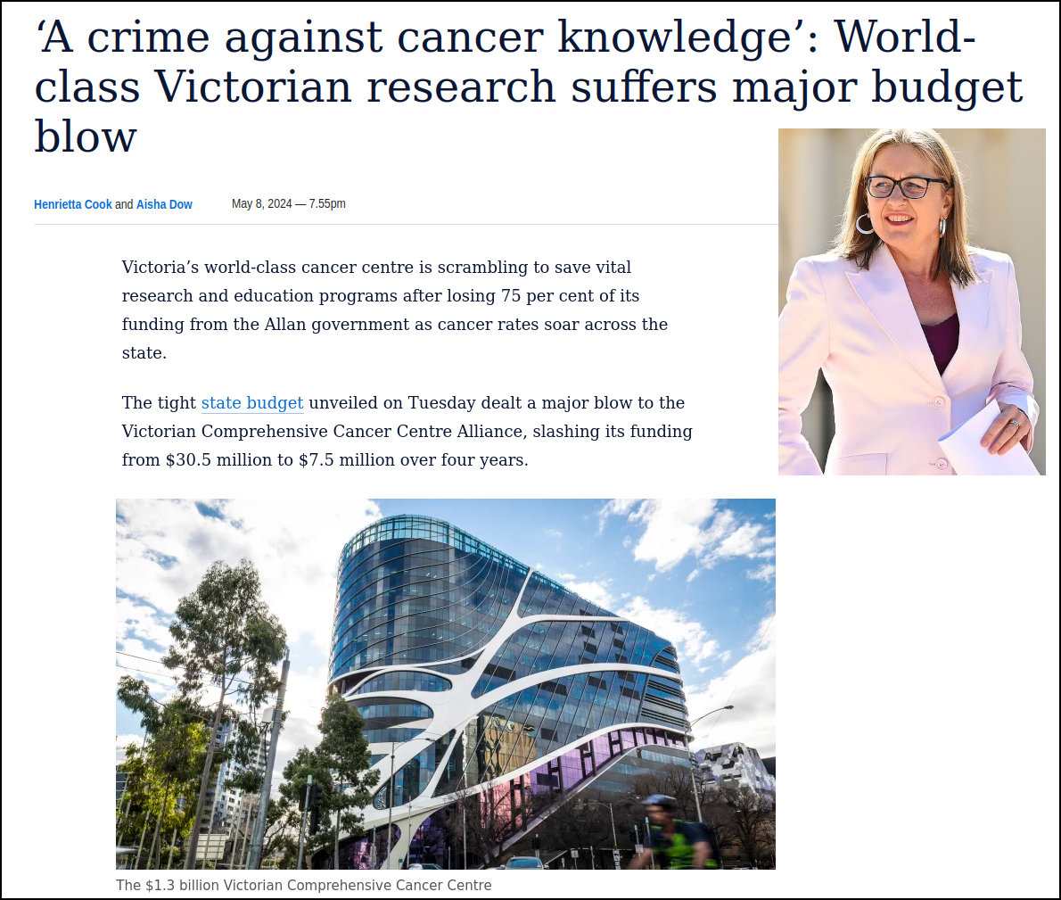 There are 40,000 new cases of cancer diagnosed in Victoria every year. So why did Jacinta Allan slash 75% of government funding to the Victorian Comprehensive Cancer Centre Alliance, redirecting it to Suburban Rail Loop? Is a 26 km railway better than a cancer cure? #springst