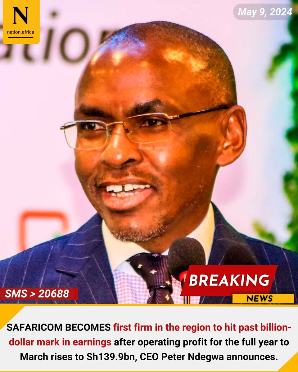 SAFARICOM BECOMES first firm in the region to hit past billion-dollar mark in earnings after operating profit for the full year to March rises to Sh139.9bn, CEO Peter Ndegwa announces. nation.africa/kenya/business…