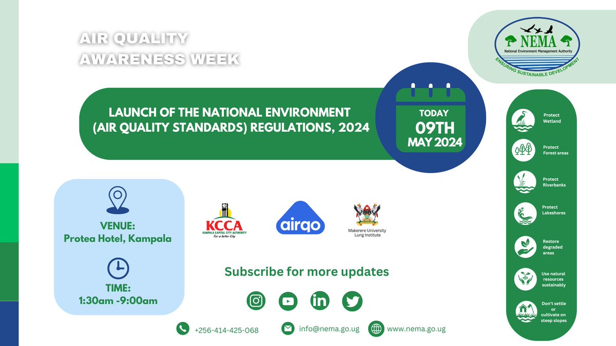 Happening today! The launch of the National Environment (Air Quality Standards) regulations, 2024, scheduled to take place at Protea Hotel Marriot, Kampala today Thursday, 9th may, 2024 starting at 7:30 am to 9:00am! @KCCAUG @AirQoProject