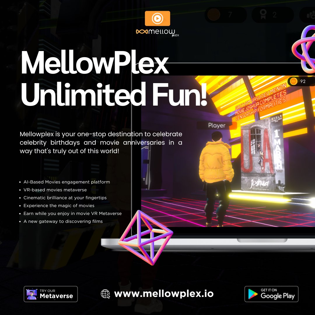 Movie magic, leveled up! Introducing MellowPlex Unlimited Fun!

#MellowPlex #FutureOfMovies #VRRevolution $MPLEX #MovieMetaverse #VirtualReality #Rewards #PlayToEarn #Gaming