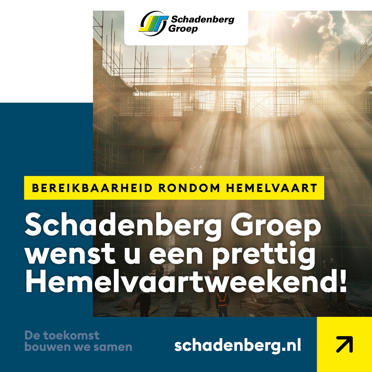 In verband met het Hemelvaartweekend is Schadenberg Groep van donderdag 9 mei t/m zondag 12 mei gesloten. Op maandag 13 mei zijn we vanaf 8.00 uur weer op de gebruikelijke manier te bereiken. 

In het geval van calamiteiten vindt u onze contactgegevens op: schadenberg.nl/bereikbaarheid…