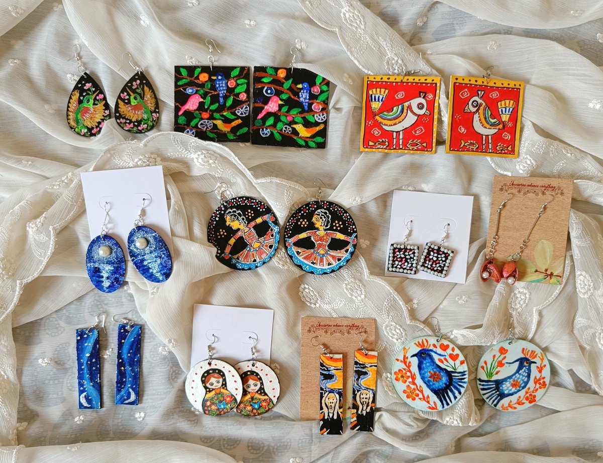 NEW addition to my #wearableart collection. You can view all the available mdf wood & pistachio shell earrings in pic 2. Each pair is handpainted,varnished & top coated with liquid glaze. DM for prices & other details.Please share.#ArtbyTee #earrings #jewelryaddict #handmadegifts