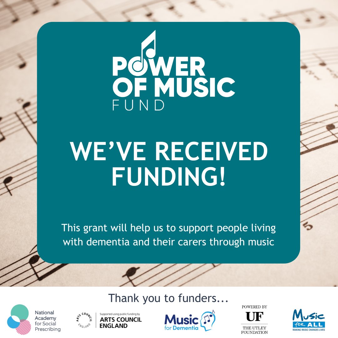 We're delighted to announce that we are supported by the #PowerofMusicFund! Funding has been awarded to us to help people living with dementia and their carers through music. Thanks to funders @NASPTweets, @UtleyFoundation, @ace_national, @MusicforDemUK and @mfacharity