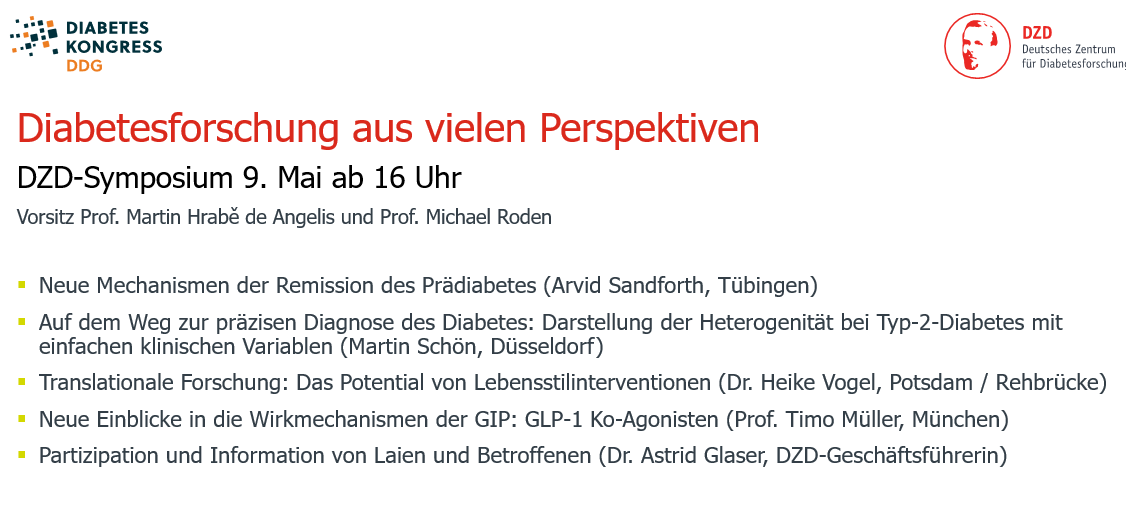 🔬👩‍🔬Interessiert an Neuen aus der #Diabeteforschung? Dann besuche das DZD-Symposium am🗓️ 9. Mai ab 16 Uhr auf dem Diabeteskongress #DK2024 der @DDG_Tweets. Themen sind: Remission des #Prädiabetes, Heterogenität des #T2D, #Lebensstilintervention, #Polyagonisten, #Partizipation