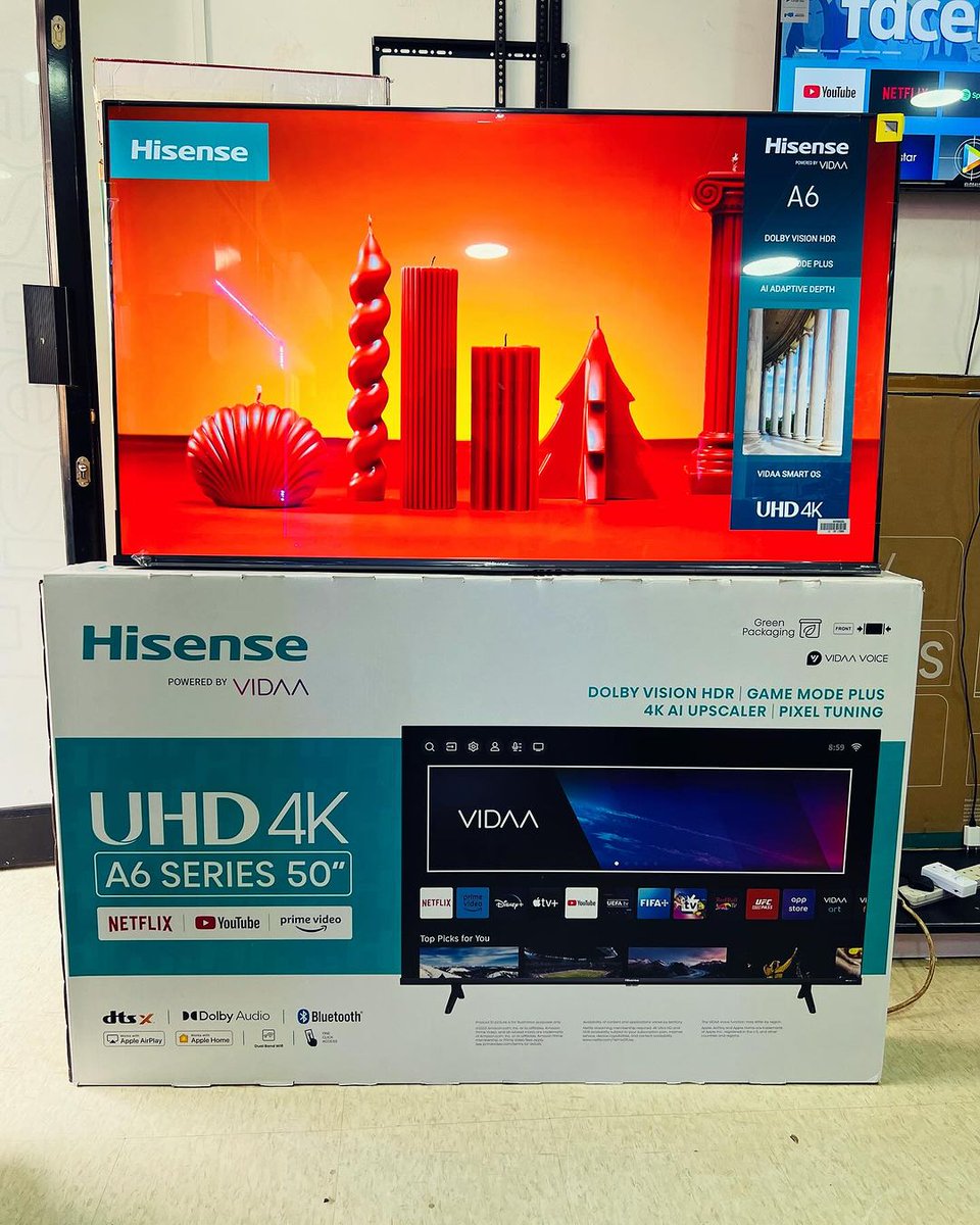 Hisense tvs 32'Digital..425k 32'Smart..560k 40'Digital..600k 43'Digital..770k 43'Smart ..900k 43'Smart 4k..1m 50'Smart 4k( A6)..1.32m 50'Smart 4k( A7)..1.47m 55'Smart 4k (A6)..1.77m 55'smart 4k(A7)..1.87m 58'smart 4k ..1.8m 65'smart 4k..2.6m 70'smart 4k..3m 75'Smart UHD 4k..4.25m