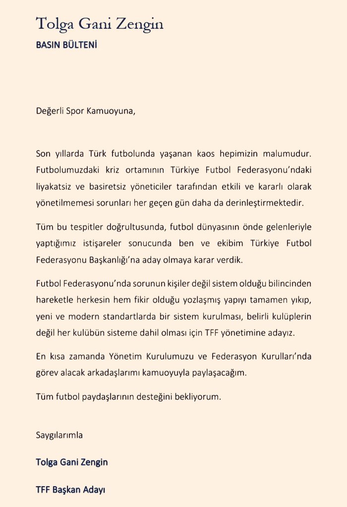 Türkiye  Futbol Federasyonu Başkanlığına adaylığımız hakkında basın açıklaması.