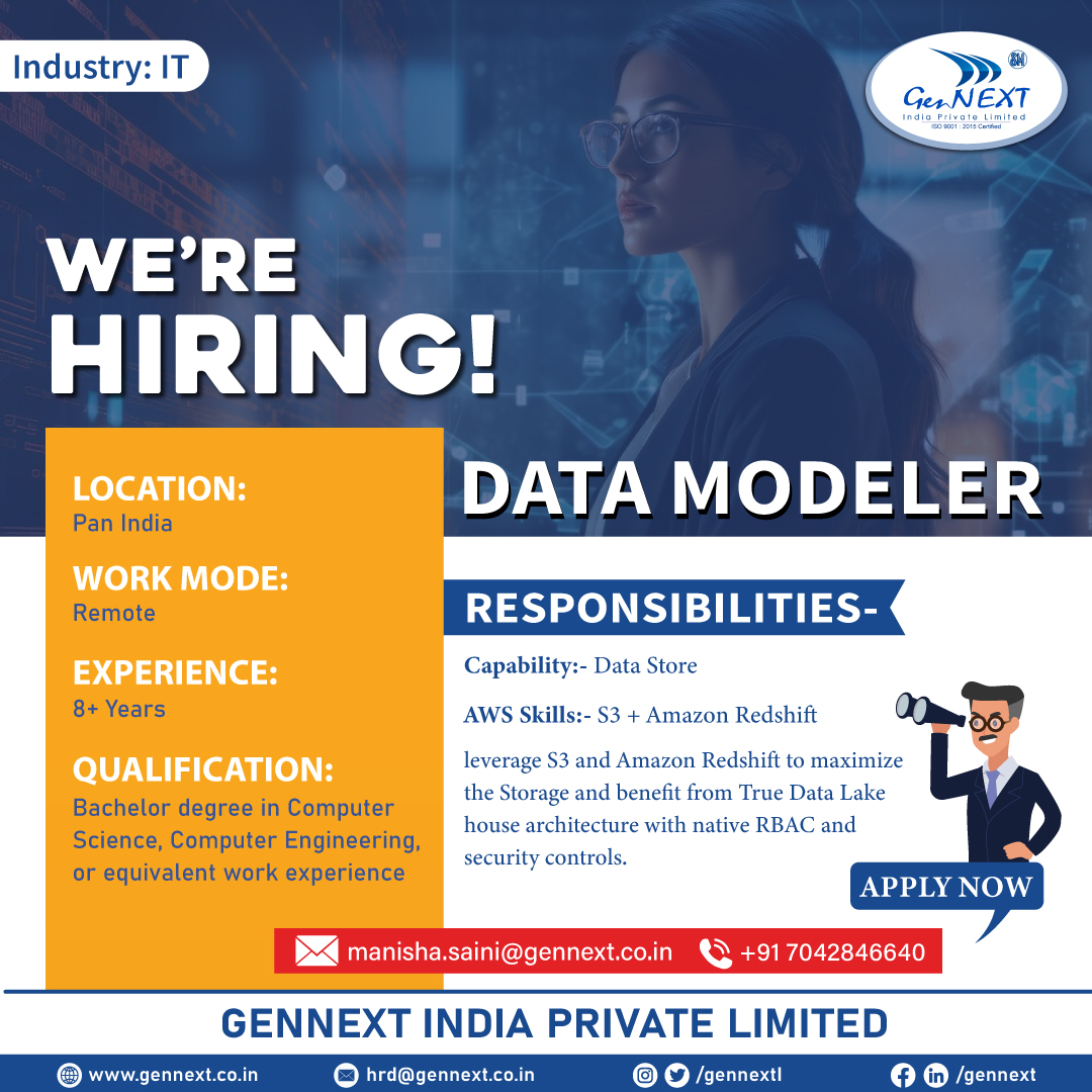 #UrgentHiring 💼📢🎯

Position: Data Modeler
Location: Pan India
Work Mode: Remote

#DataModeler #IT #Remotework #PanIndia #Data #ComputerScience #Engineering #Gradute #hiringnow #jobsearching #jobseekers #hr #jobopenings2024 #gennextjob #gennexthiring #GenNext #hiring2024