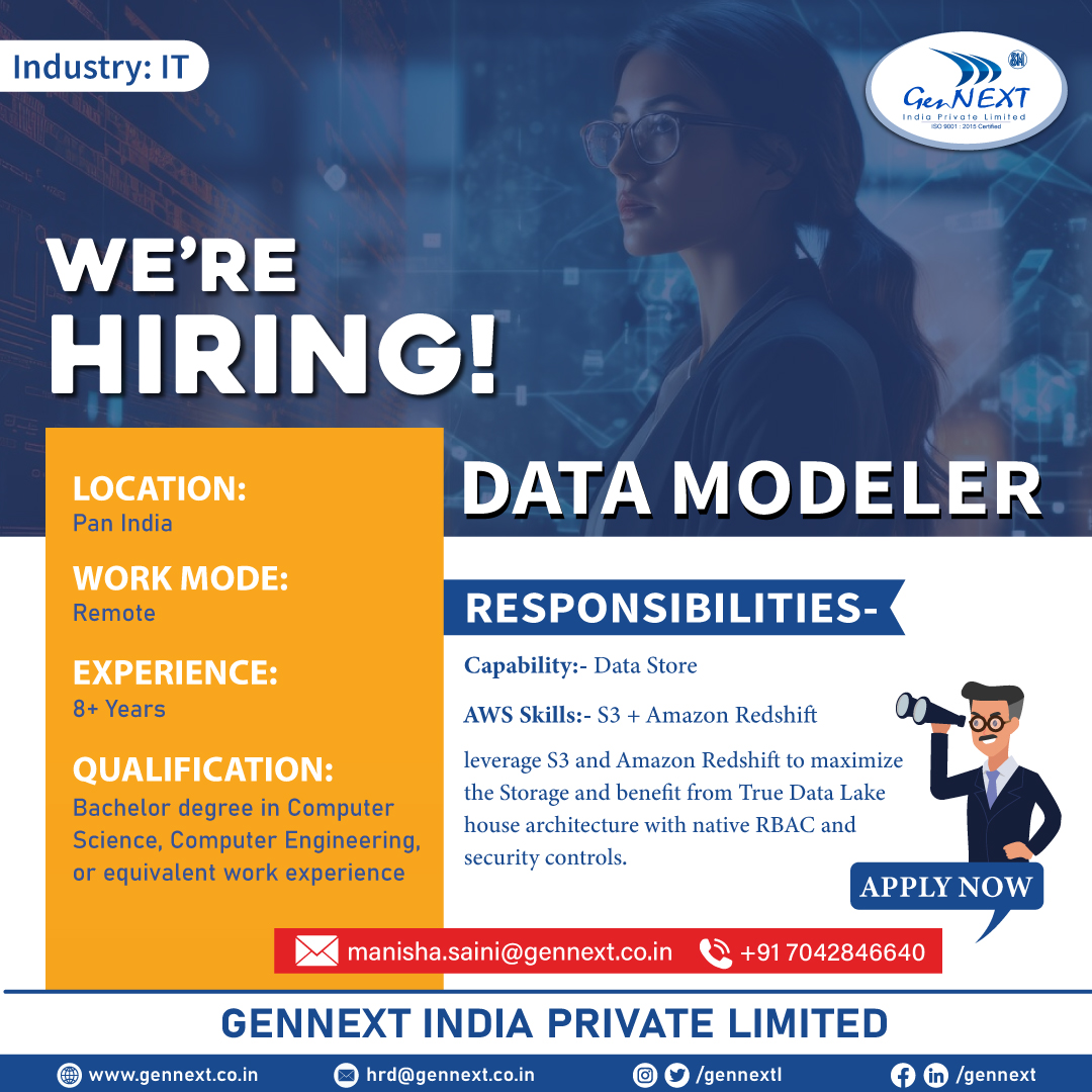 GennextL's tweet image. #UrgentHiring 💼📢🎯
Position: Data Modeler
Location: Pan India
Work Mode: Remote
#DataModeler #IT #Remotework #PanIndia #Data #ComputerScience #Engineering #Gradute #hiringnow #jobsearching #jobseekers #hr #jobopenings2024 #gennextjob #gennexthiring #GenNext #hiring2024