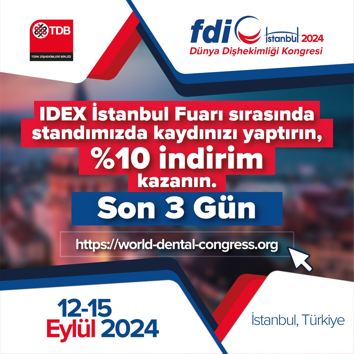 Son 3 Gün! IDEX İstanbul’da TDB Standına Uğrayın, FDI 2024’e %10 İndirimli Kayıt Fırsatını Kaçırmayın! 2024.world-dental-congress.org/tr/ #türkdişhekimleribirliği #WDC24 #fdi2024 #fdiistanbul2024 #ContinuingEducation #CE #YoungDentistsForum #Dentistry #DentalCare #CongressOfDentistry