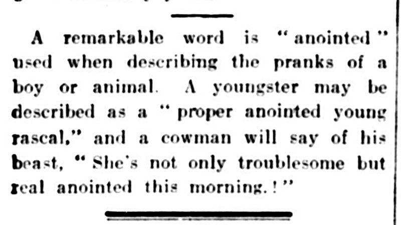 A correspondent to a 1930s newspaper remarked on the Kentish use of ANOINTED to mean mischievous.