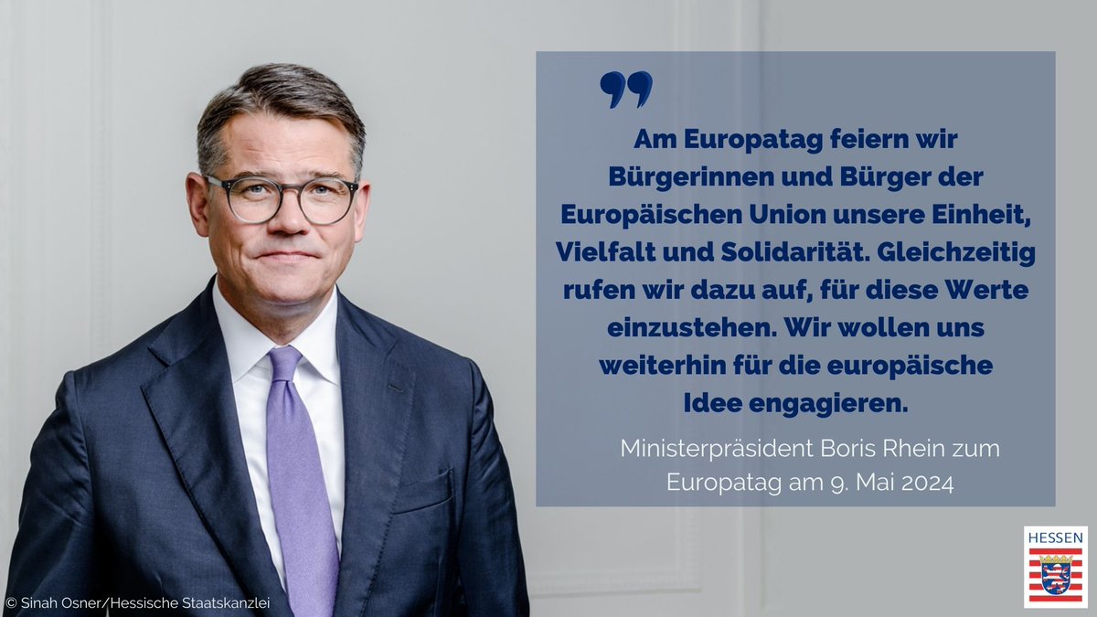 #Europatag 2024: Ministerpräsident @Boris_Rhein erinnert an die Bedeutung der europäischen Werte und ruft zur Beteiligung an der #Europawahl am 9. Juni auf: hessenlink.de/NCz8Nd93qc