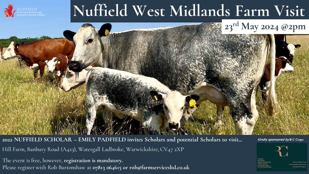 🎟️ Scholars & potential Scholars are invited to join the #NuffieldFarming West Midlands group for a farm walk. 🐑 🐂 2022 Scholar Emily Padfield will host the event at her diversified beef & sheep farm in Warwickshire. 📩 To register please email rob@farmservicesltd.co.uk