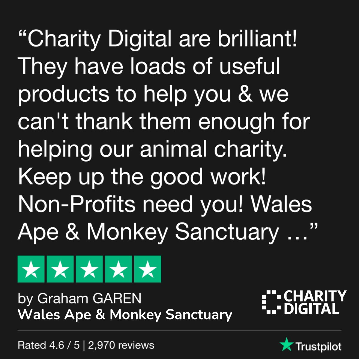 Thank you Wales Ape and Monkey Sanctuary, for your kind trustpilot review! Find out more about us here ⬇️ charitydigital.org.uk/about-us #CharityDigital #NonProfit #Trustpilot #CustomerReviews #FreeTech