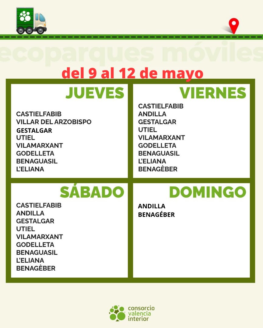 🚛 De jueves a domingo, #ecoparques móviles en • J→ #VillardelArzobispo • J-V-S→ #Utiel, #Vilamarxant, #Godelleta, #LEliana, #Benaguasil, #Gestalgar, #Castielfabib • V-S-D→ #Andilla, #Benagéber 💚 ¿Reciclas? 😃 ℹ️ consorciovalenciainterior.com/servicios/