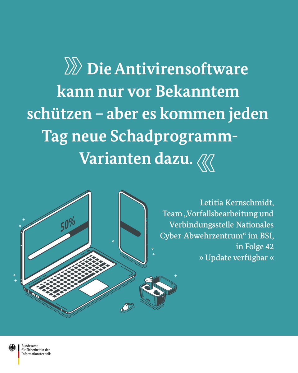BSI_Bund's tweet image. Bevor Schadsoftware eure Technik lahmlegt, solltet ihr diesen Podcast hören. Letitia Kernschmidt vom BSI bringt euch auf den neuesten Stand über Viren, Würmer und Trojaner. #UpdateVerfügbar: bsi.bund.de/dok/1111166

#DeutschlandDigitalSicherBSI #UpdateVerfügbar #Schadsoftware