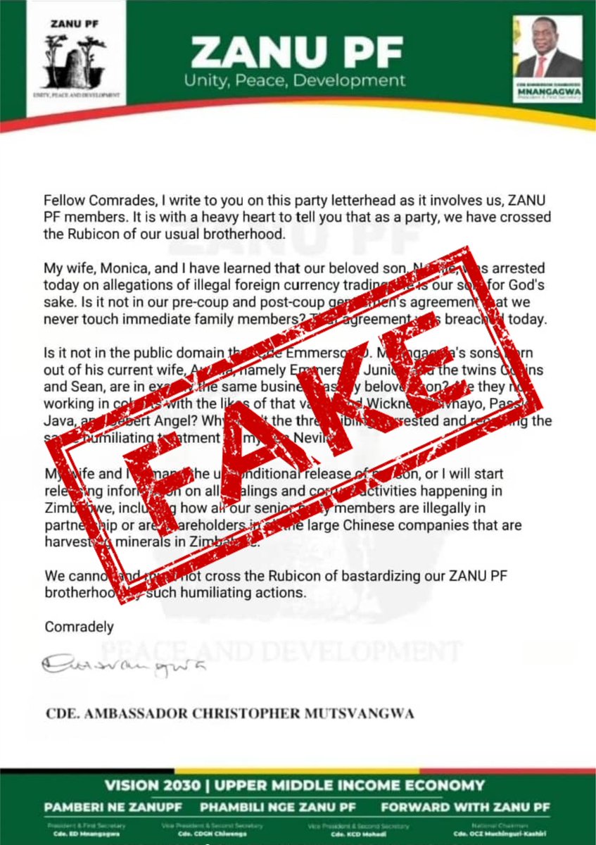 This purported communication is allegedly a fabrication, as the handwriting does not match that of Chris Mutsvangwa. Such attempts to spread misinformation should be discouraged, as they can create confusion.