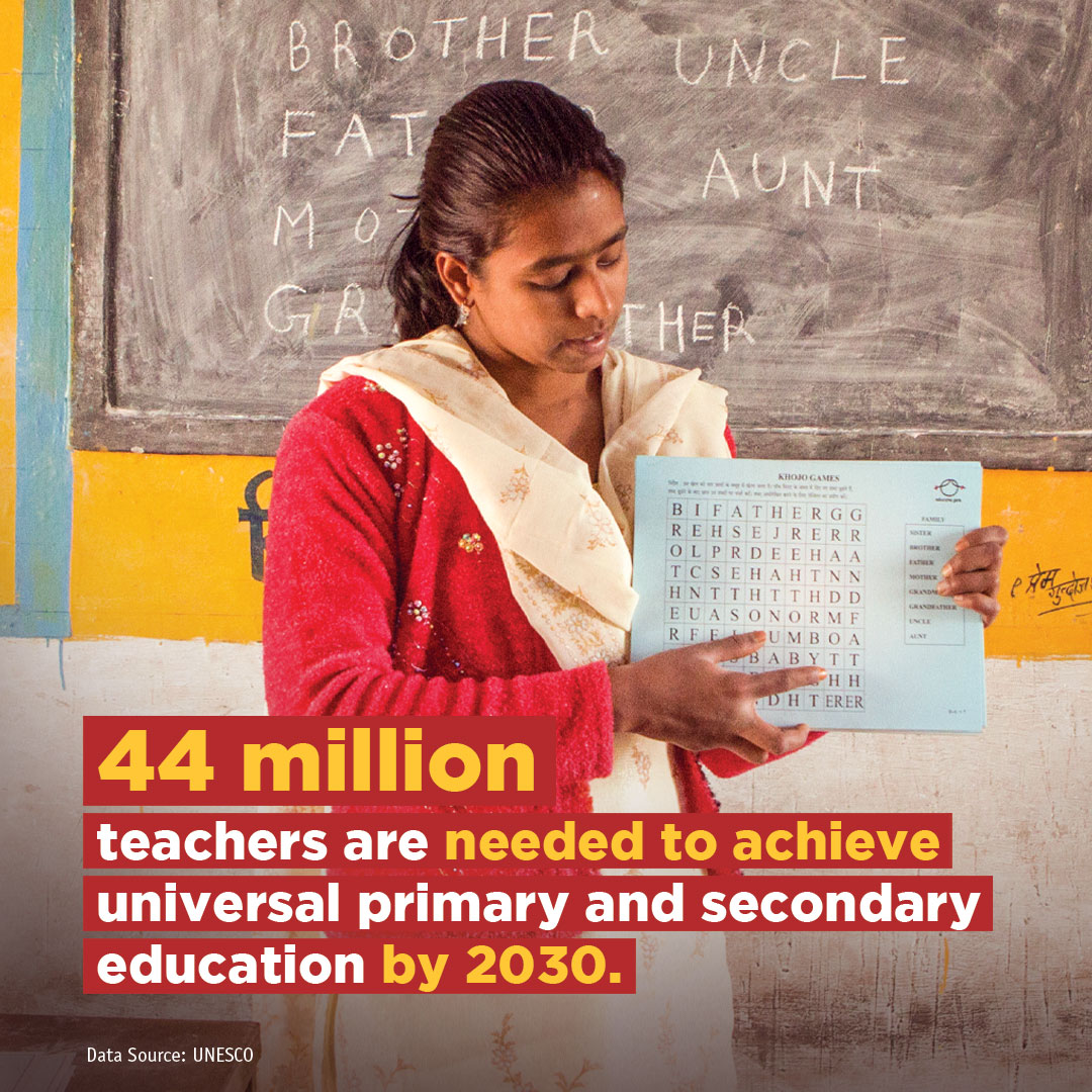 44 million teachers are needed to achieve universal primary and secondary education by 2030. Let's invest in educators, let's invest in our future. #GlobalGoals #SDG4 #EducationDay