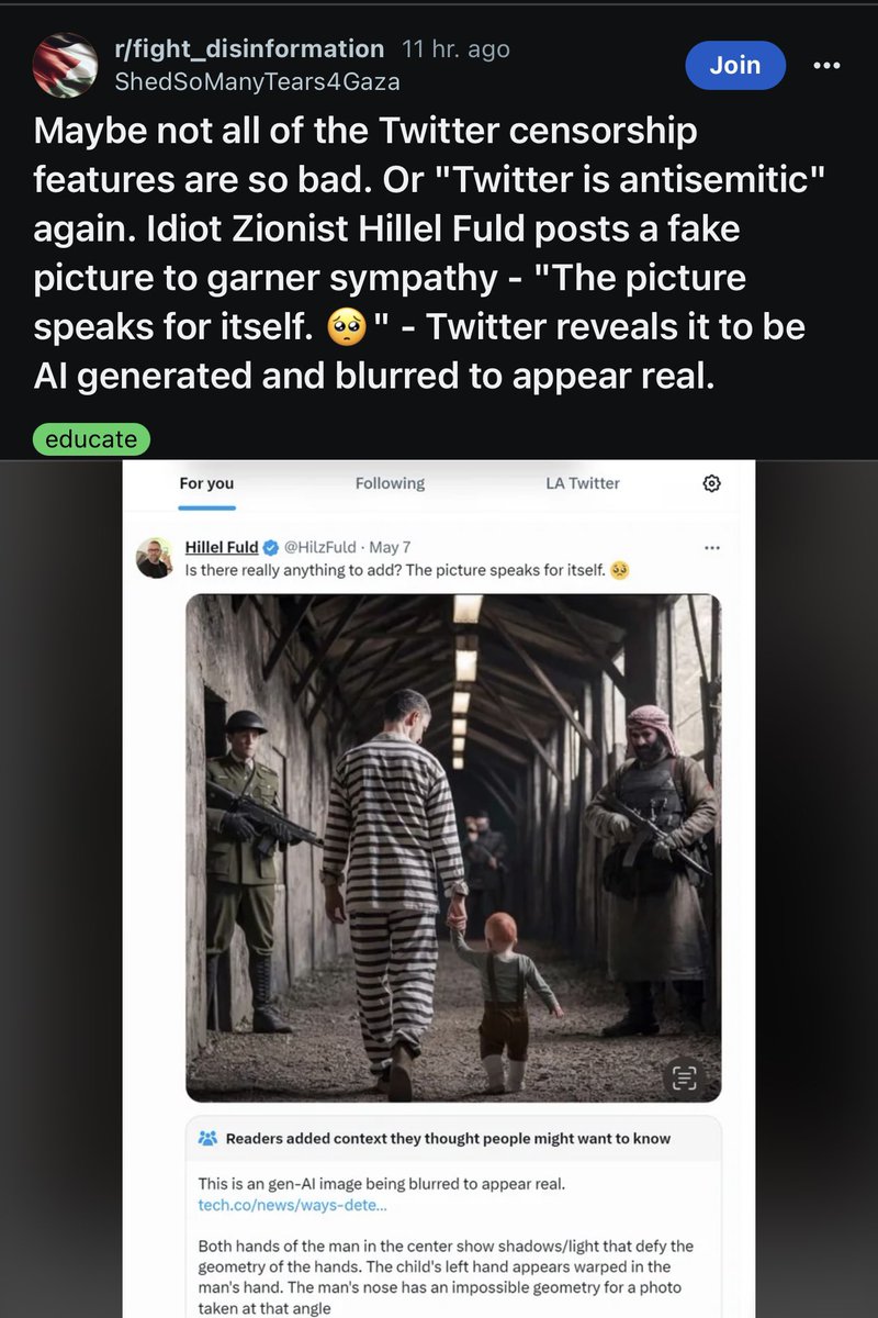 The stupidity of the Pro Hamas crowd knows no bounds. See this Reddit thread. The “picture” I posted is CLEARLY not a real photo. I love how they think they caught me in a lie. Yes, I was sure that a photo with a Jew in a concentration camp holding the hand of the Bibas…