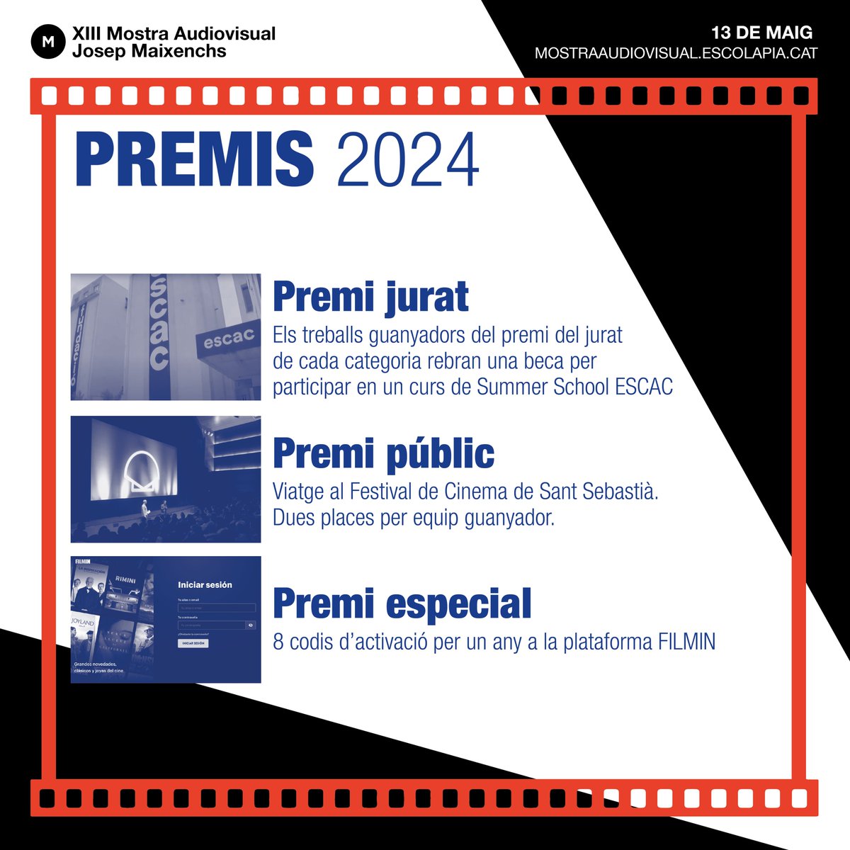 🏆🎬Només queden 4 dies per conèixer els guanyadors de la #XIIIMostraAudiovisual a la <a href="/filmotecacat/">Filmoteca Catalunya</a>!

Es podrà gaudir d'aquests premis:

🎥 Curs Summer school de l'<a href="/escac/">ESCAC</a>

🎞️ Viatge al Festival de Cinema de Sant Sebastià

💻 Codi d'activació per un any a la plataforma <a href="/FilminCAT/">FilminCAT</a>