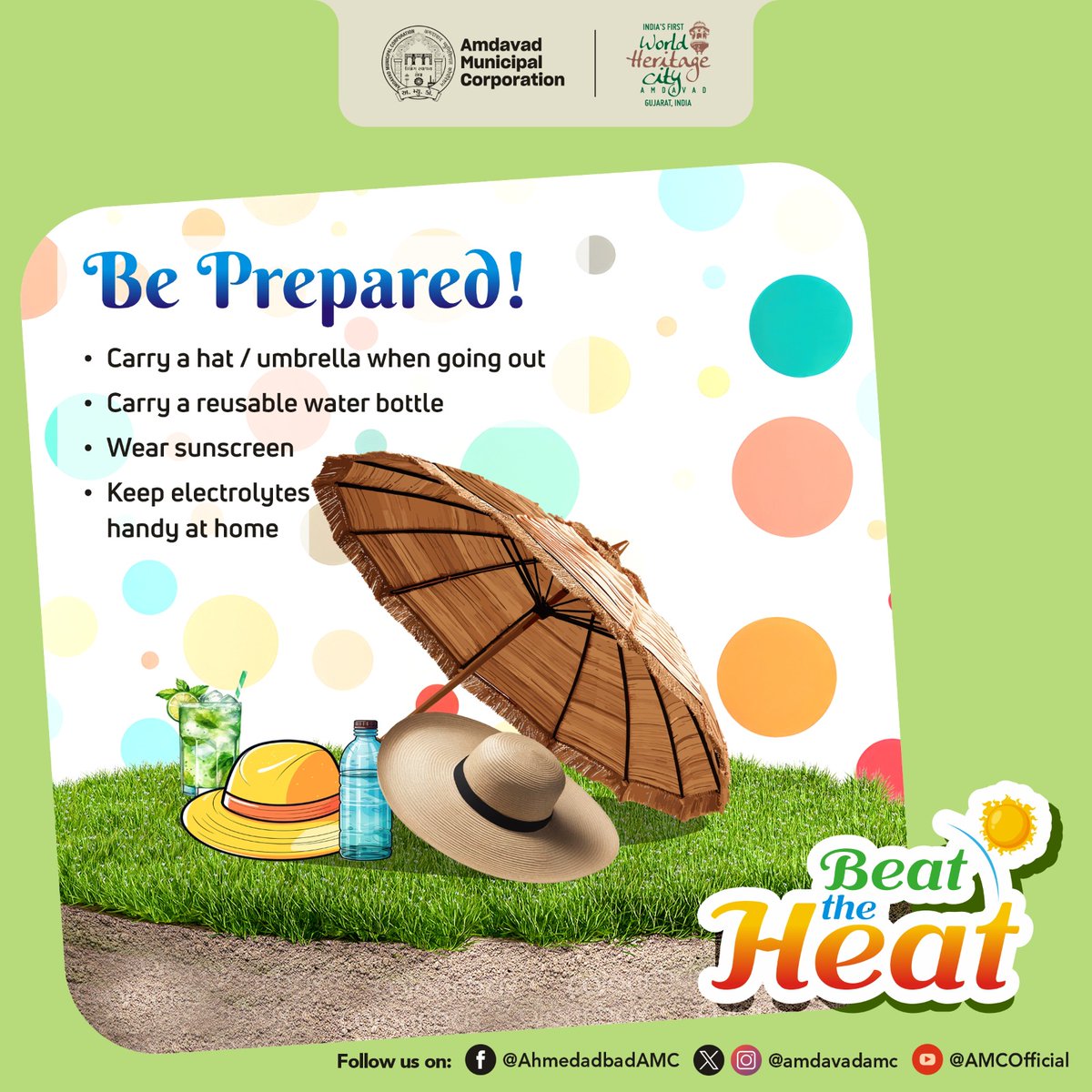 Preparing well in advance can help tackle the uncomfortable summer days a breeze. Here are some simple tips to keep in mind before we step out in the sun.

#amc #amcforpeople #beattheheatwithamc #stayhydrated #ahmedabad #municipalcorporation