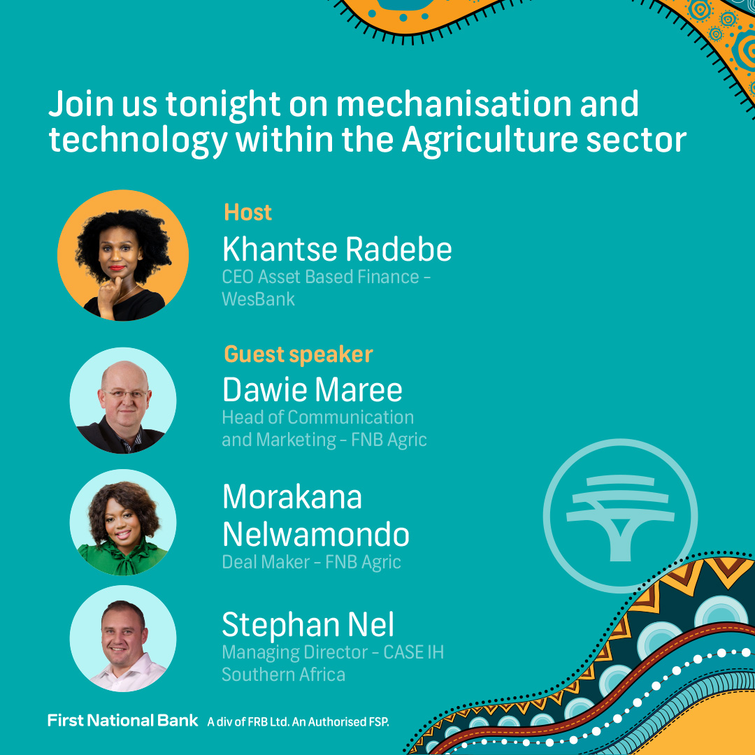 Remember to join tonight's #FNBSpaces as our panel of experts explore mechanisation and technology within the Agriculture industry ahead of next week's Nampo expo.