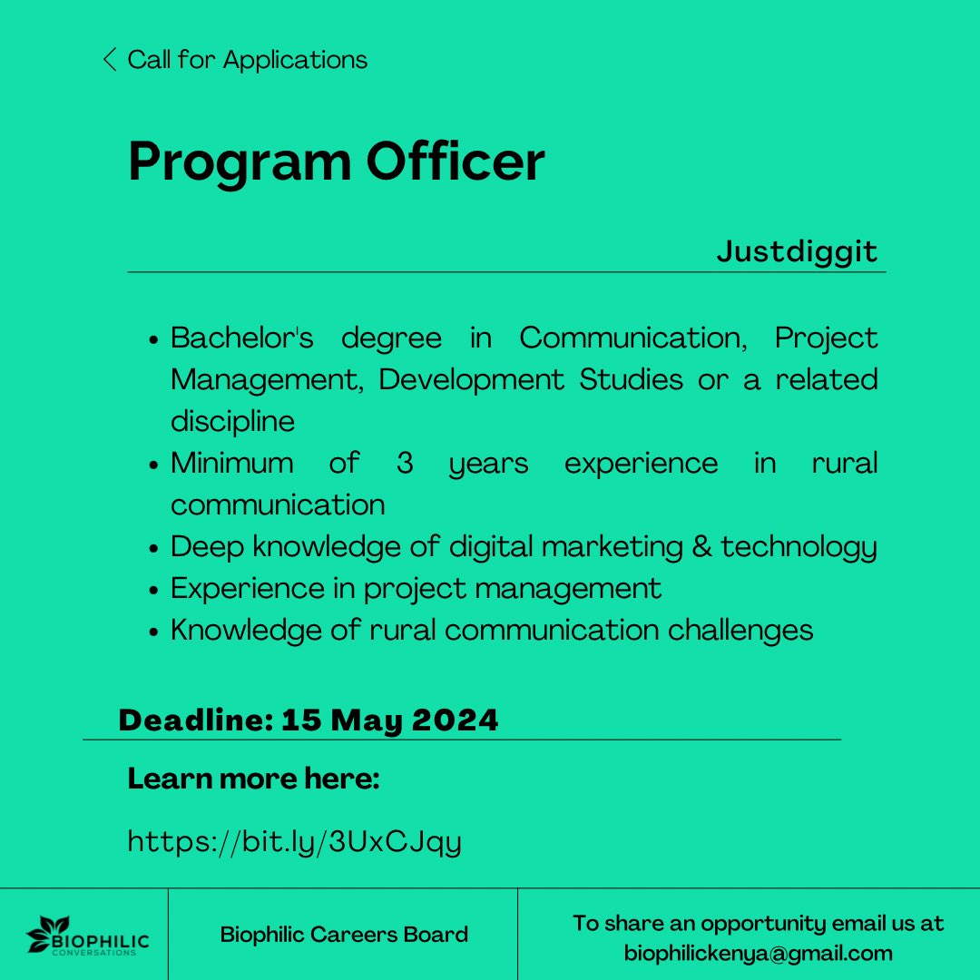 🌱Job alert ! Justdiggit is seeking a Program Officer to implement a farmer-led land restoration program in Kenya. Details: - Full-time - Deadline: 15/5/2024 - Benefits: Competitive salary, 25 vacation annually ,medical insurance, etc Learn more : bit.ly/3UxCJqy