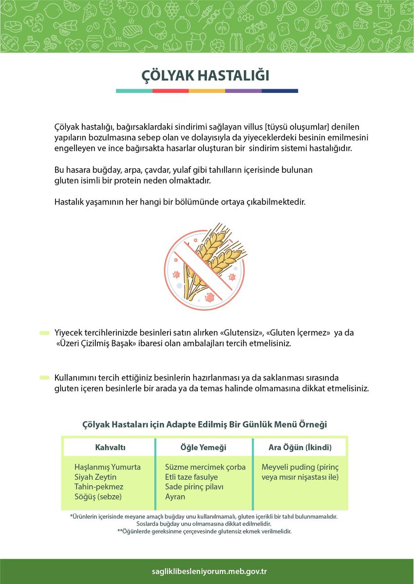 📌9 MAYIS DÜNYA ÇÖLYAK GÜNÜ
Çölyak hastalığı; genetik yatkın bireylerde buğday, arpa, çavdar gibi tahıl ve tahıl ürünlerinde bulunan ‘gluten’ proteinine karşı duyarlılık sonucu gelişmektedir. 
Çölyak teşhis edilene kadar hastalık, teşhis edildikten sonra bir yaşam biçimidir.