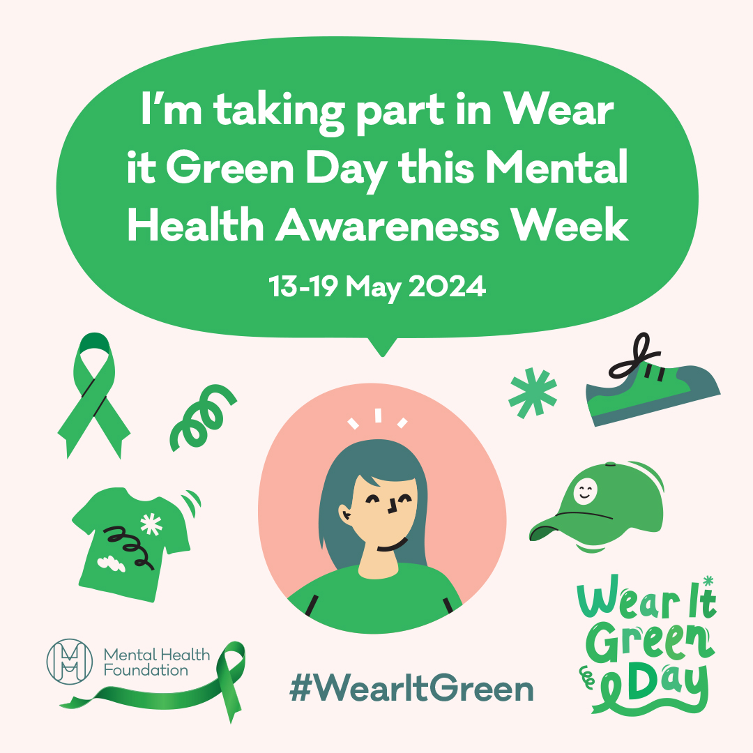 Let's fill our feeds with green for Mental Health Awareness Week! Whether it's on Thursday 16th or any day next week, show your support and wear green. Share this post so others can join too. More information on Mental Health Foundation here: bit.ly/41QnQS8 🍃